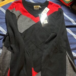 Men's V-Neck Sweater - Black, Red, and Gray